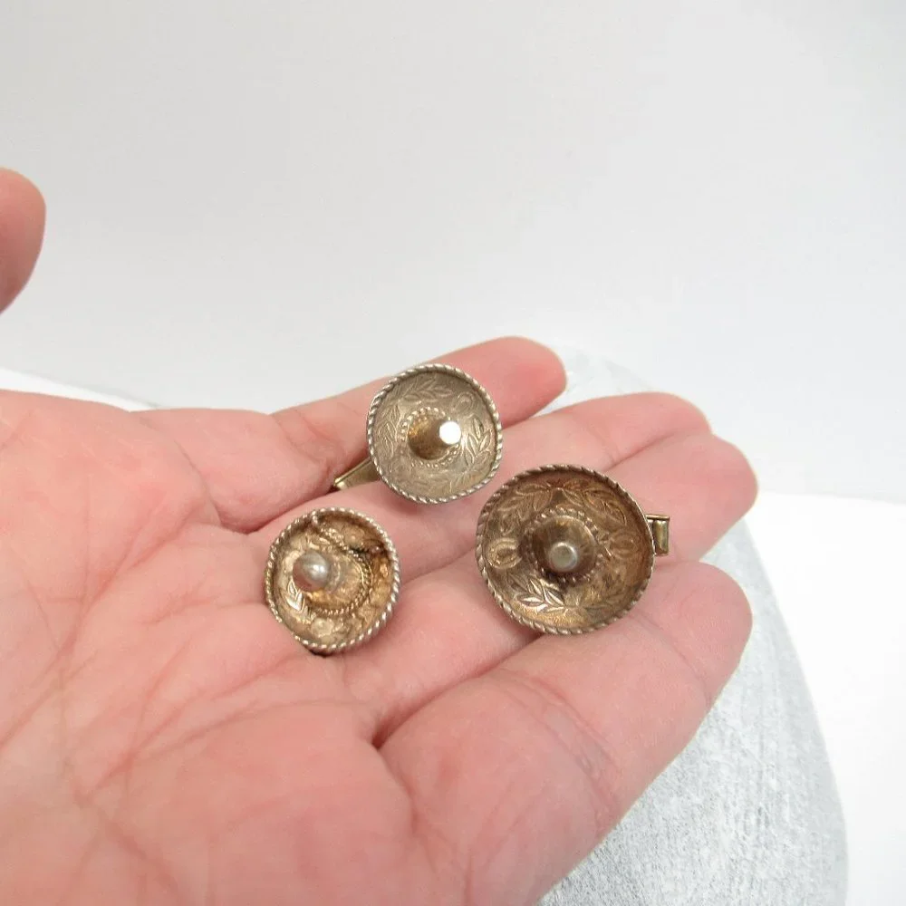 Vintage Sterling Sombrero Cuff Links snd tie tack